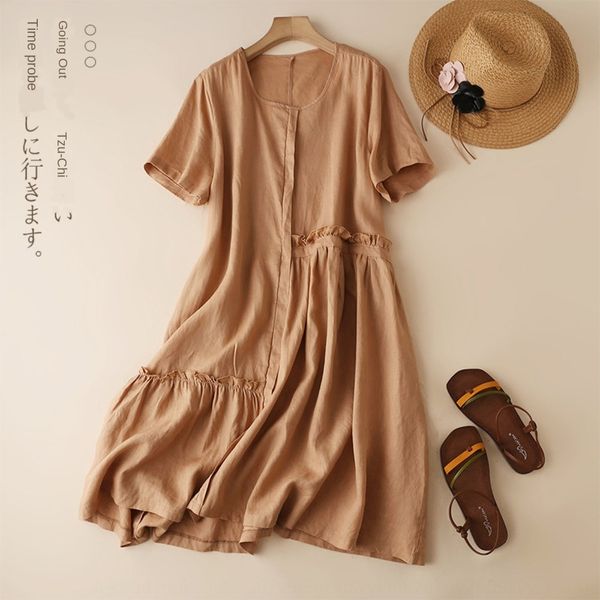 

38802 cotton hemp dress cotton and linen dress summer short sleeve small literary and artistic small fresh big swing a-line skirt loose medi, Black;gray
