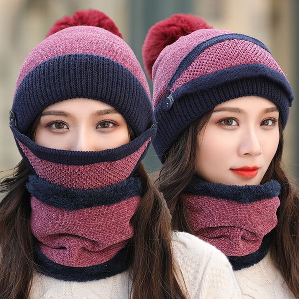 

brand new beanies hat women sets 3 knit skullies hats with bib mask female winter velvet thick warm knitted wool cycling caps lj201221, Blue;gray