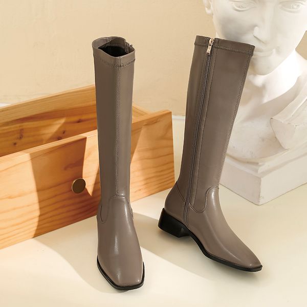 

2021 new pu leather middle heel knee high autumn winter fashion square toe zipper women boots big size 34-43 qhnx, Black