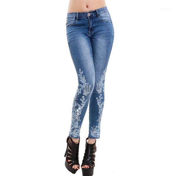 

women's pants fashionable the new high waist embroidered slim slimming feet pants pencil blue trousers casual wild1
