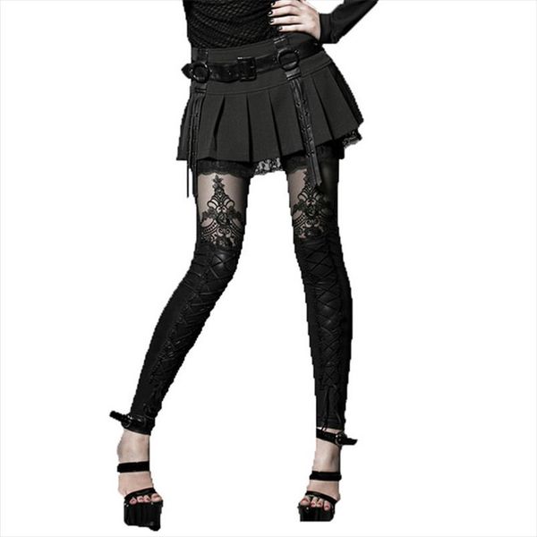 

punk women faux leather leggings victorian lace up flocking black leggings slim fitting hollow out lace leggings drop shipping