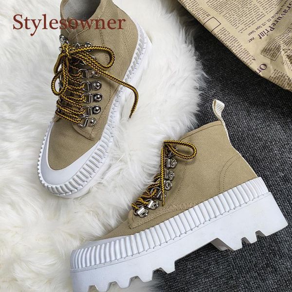 

retro round toe thick-soled lace up height increase woman boots british style khaki canvas shoes 2021 new arrivial1, Black
