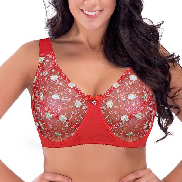 YANDW ungefütterte rote BHs für Frauen A B C D DD E F 34 36 38 40 42 44 Spitze Bralette Floral Soutia Mesh Transparent Sexy Dessous 201202