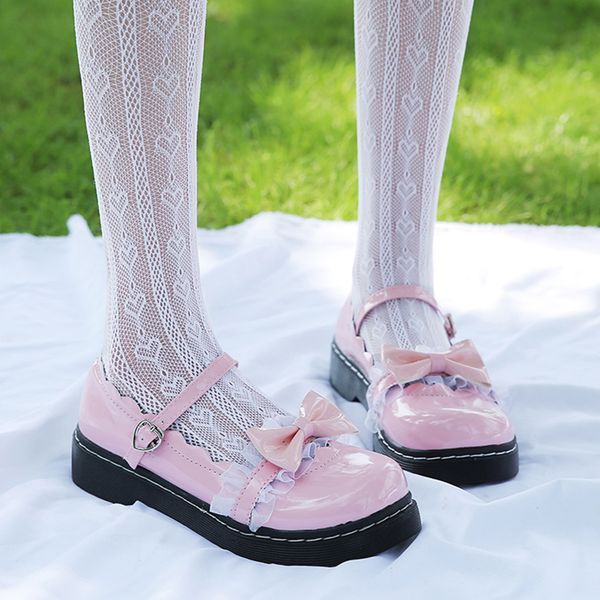 

rimocy sweet bow buckle strap mary jane shoes woman solid color patchwork lace low heel pumps women pink lolita shoes ladies 1007, Black;white