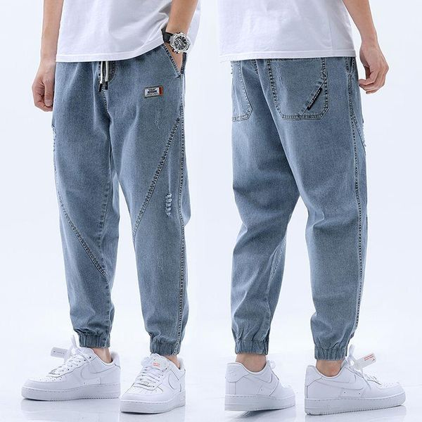 

fall summer jeans men's loose cropped pants ankle banded trousers stretch korean fashion patchwork jeans denim for men, Blue