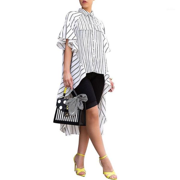 

women's blouses & shirts 2021 women autumn striped ruffles half sleeve asymmetric hem casual shirt blouse tunic1, White
