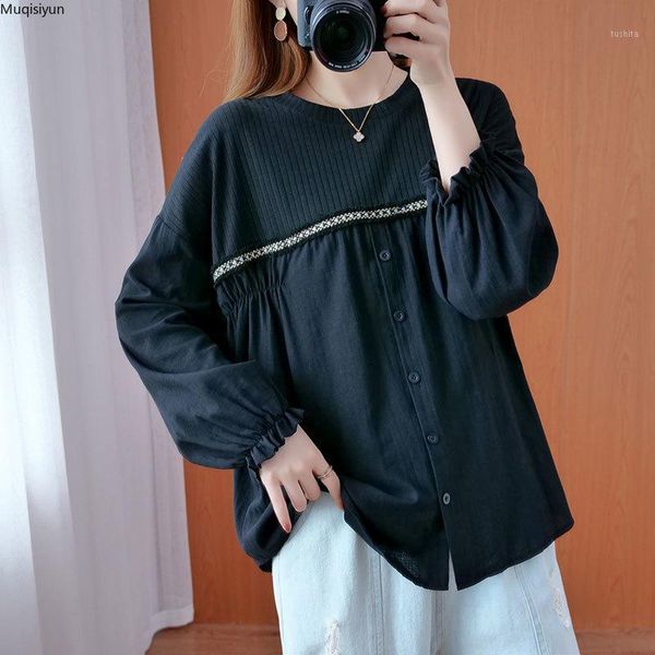 

plus size 2020 women t-shirt female long sleeve patchwork buttons cotton loose autumn t shirt women s31991, White