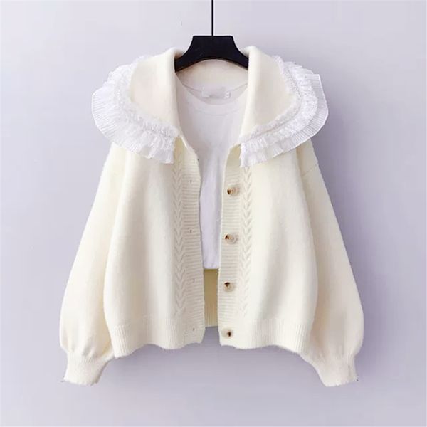 

2021 new luxury women new fall knit cardigan garter fancy lace turndown collar long sleeve sweater dugl, White;black