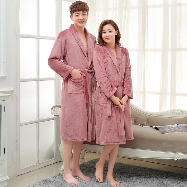 

women men winter long warm nightgown soft coral fleece kimono bathrobe flannel bath robe lovers dressing gown bridesmaid robes 210203, Black;red