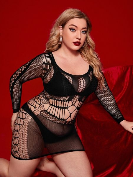 

plus cut-out fishnet dress without lingerie y4gh#, Black;white