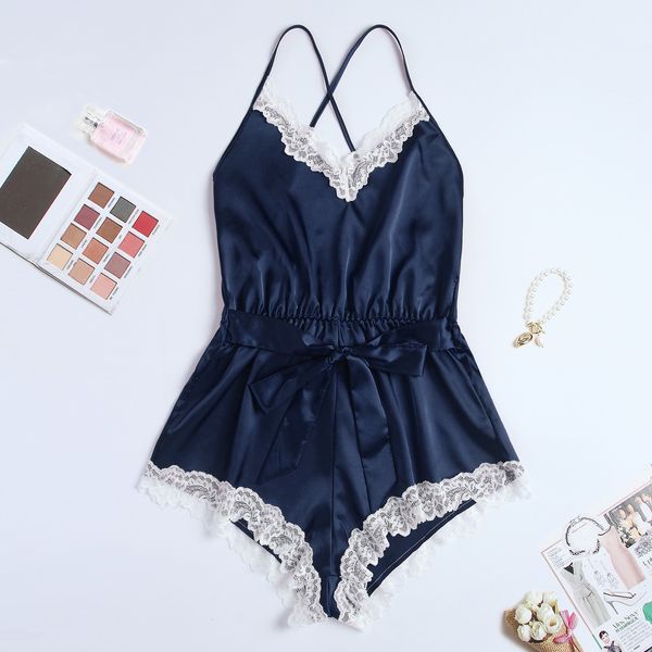 

2021 new summer female solid color imitation sweet silk neckline on thin v sling with no back-waist-bent pajamas house clothes leuk, Black;red