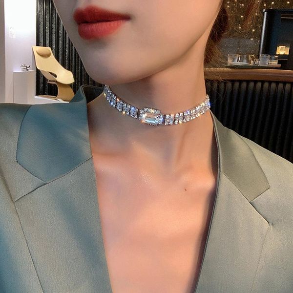 

chokers shiny zircon crystal inlay necklace luxury clavicle chain female jewelry short 38cm+7cm, Golden;silver