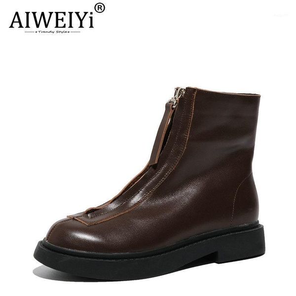 

boots aiweiyi motorcycle women's shoes fashion genuine leather ankle flat heels platform pumps party woman1, Black