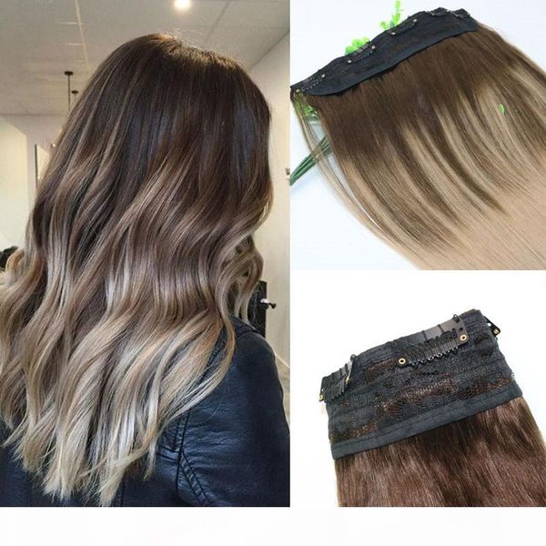 

ombre ash blonde with warm highlights dark brown root one piece clip in human hair extensions 5clips per piece brazilian virgin hair, Black
