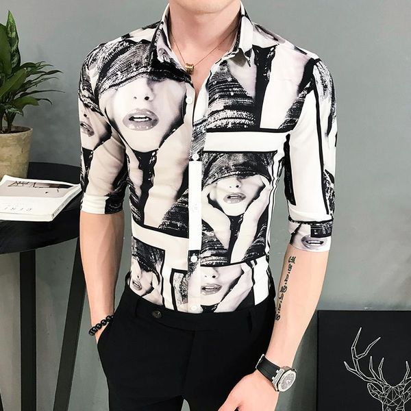 

gzdeerax half sleeve mens shirts luxury beautiful printing casual mens dress shirts fashion summer slim fit male, White;black