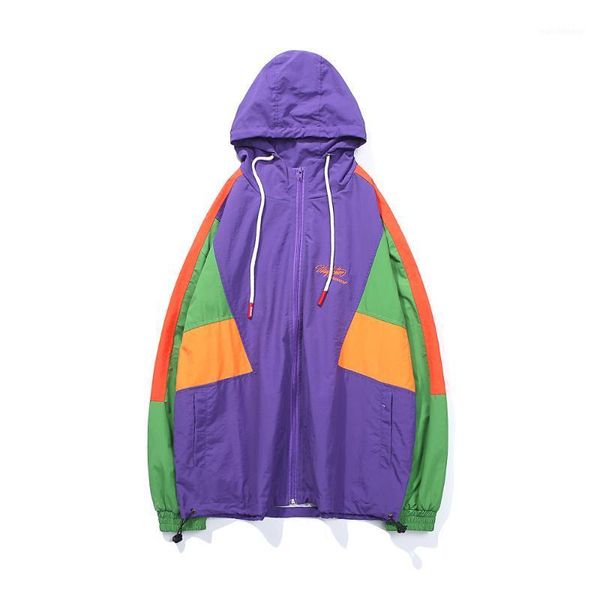 

vintage color block patchwork pocket windbreaker zip up track jackets outwear men hip hop casual streetwear jacket coat1, Tan;black