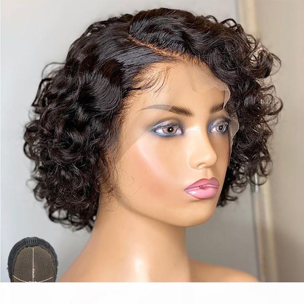 

pixie cut wig wavy short bob 4x4 lace closure wig human hair natural color glueless bleached knots 150 180 250 density remy, Black;brown