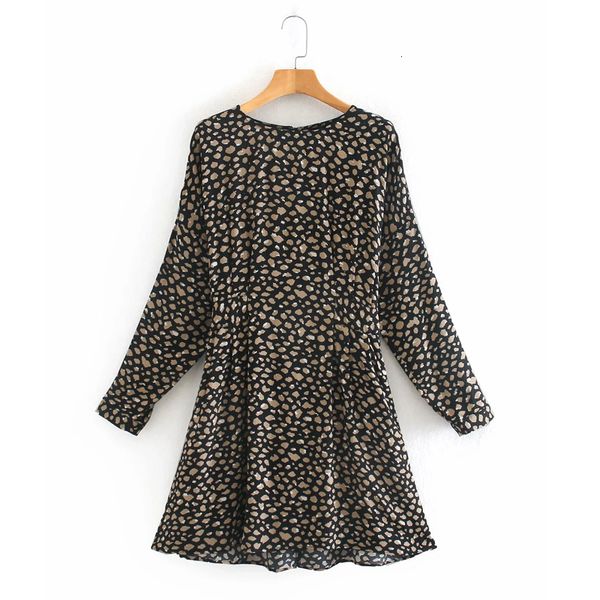 

2021 new vintage animal printed mini women long sleeve short dress woman autumn winter tied belt elegant ladies dresses mygj, Black;gray