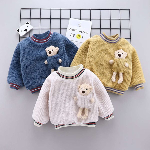 

sweater girls' boys' korean bear and round neck pullover children's winter wear new plush thickened warm cloth, Black