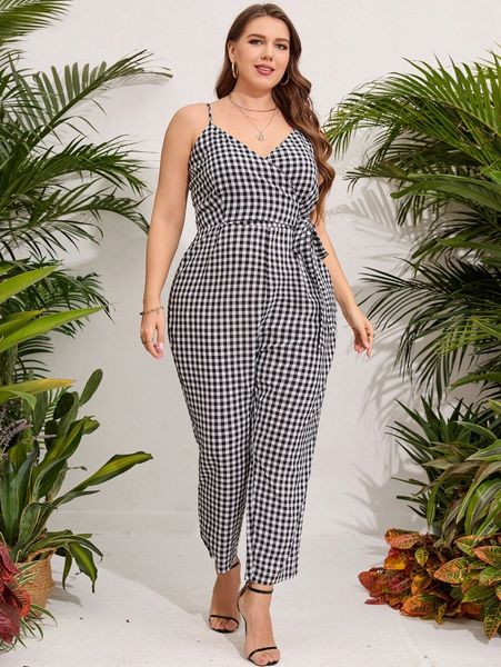 

plus gingham tie side overlap collar cami jumpsuit 91i8#, Black