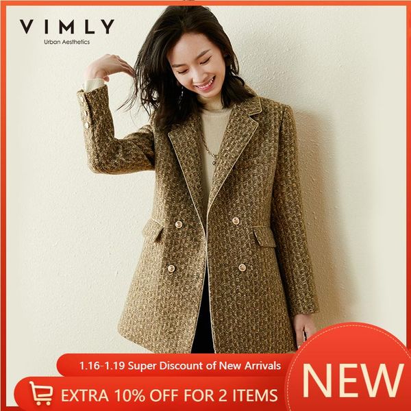 

vimly winter wool coats for women vintage houndstooth double breasted notched thicken warm jackets elegant female blazers f5551, Black