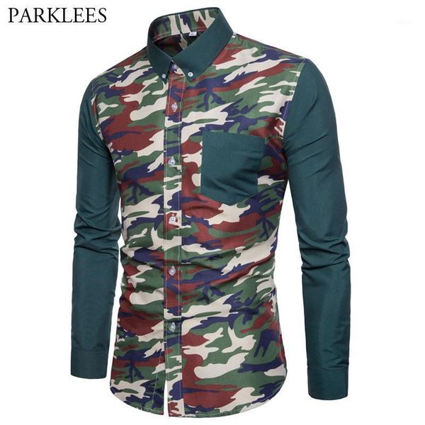 

camouflage patchwork mens shirts camo men dress shirt casual slim fit men long sleeve pocket chemise camisa para hombre1, White;black