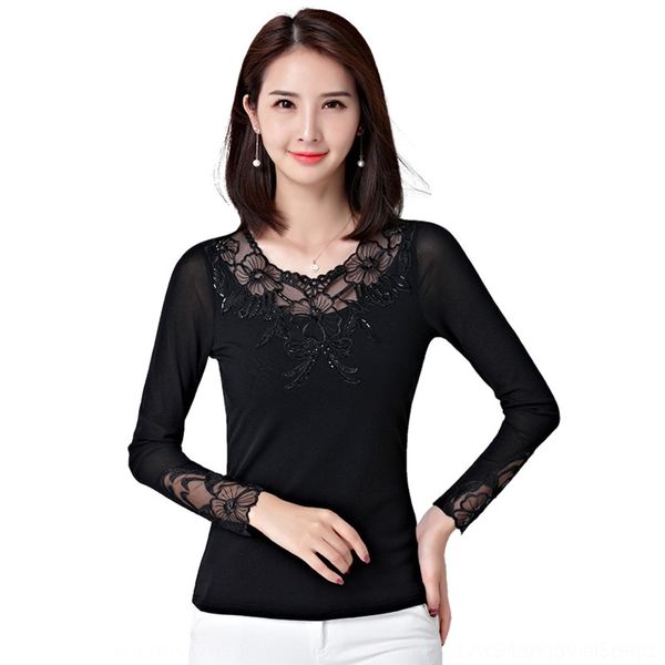 

6w7rq bottomed 2020 new style mesh embroidered women's long sleeve lace korean round lace shirttshirt neck autumn yarn t-shirt for wome, White
