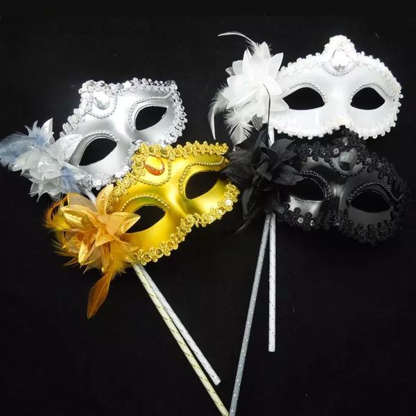 

luxury woman venetian on stick eyeline masquerade party mask sequin lace edge lateral flower gold silver black white color epacket