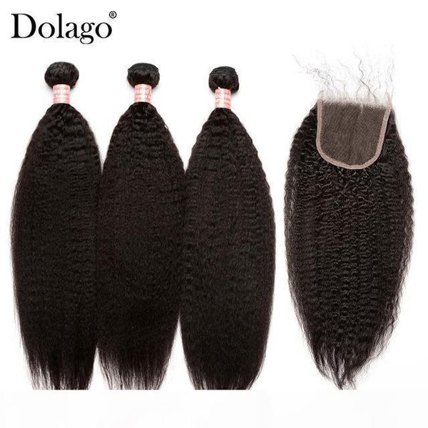 

kinky straight hair bundles with closure 3 coarse yaki brazilian human hair weave bundles with closure remy dolago hair products, Black;brown
