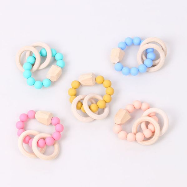 

new natural wooden ring teethers for baby health care accessories infant fingers exercise toys colorful silicon beaded soother b3652