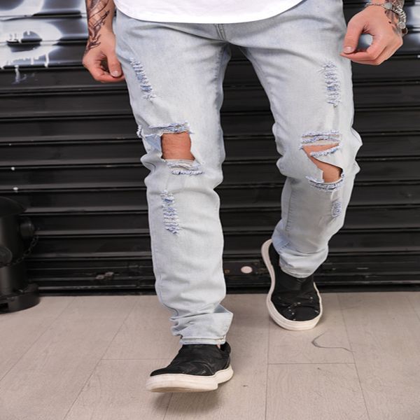 

selling fashion big hole stretch denim men's trousers jeans, Blue