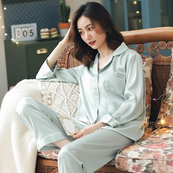 

summer satin pajamas women pyjamas pj set female long sleeve sleepwear suit ladies night wear imitation silk pijamas for women 201027, Black;red