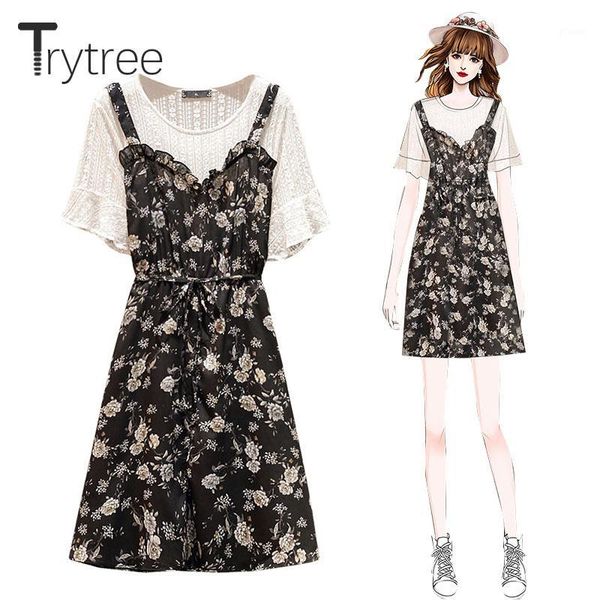 

trytree 2020 summer women dress casual o-neck ruffles patchwork lace a-line drawstring fashion loose print fake two pieces dress1, Black;gray