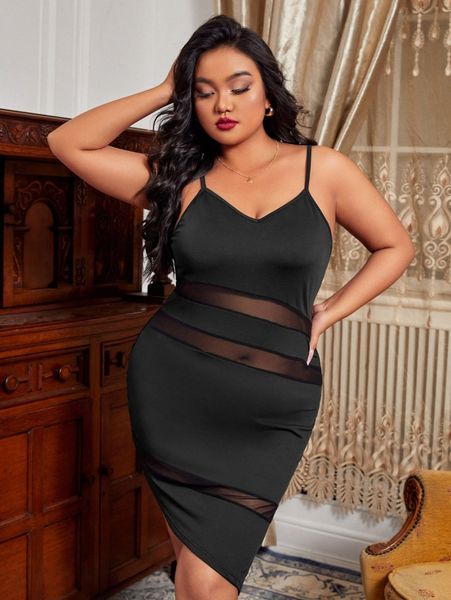 

plus mesh insert asymmetrical hem cami sleep dress c34b#, Black;white