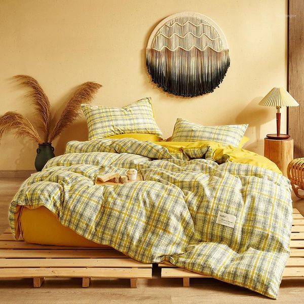 

4pcs yellow green plaid bedding set printed bed sheet flat sheet bed skirt spread cover quilt cover king  twin size1