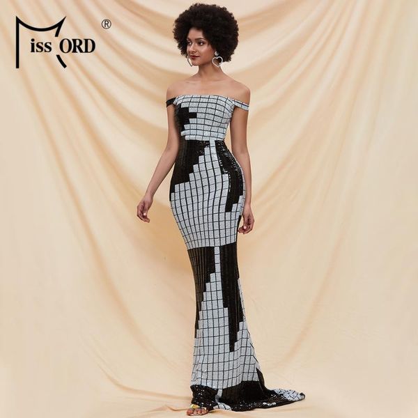 

missord 2020 slash neck off the shoulder sequins women maxi dresses bodycon patchwork color elegant women summer dresses m0314, Black;gray