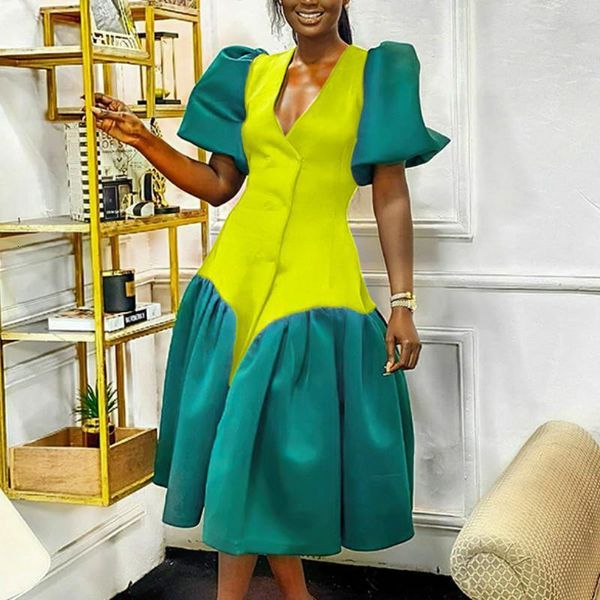 

women dress v neck short lanterm sleeve purple green patchwork pleat party vestidos african large size female fashion robes, Black;gray