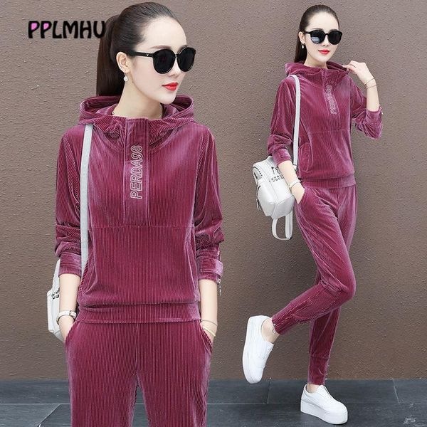 

письмо вышивки с капюшоном полосатый бархатной sweatsuit женщины сплошной с длинным рукавом и pant 2 бюстье 2020 весна осень tracksuit, Gray