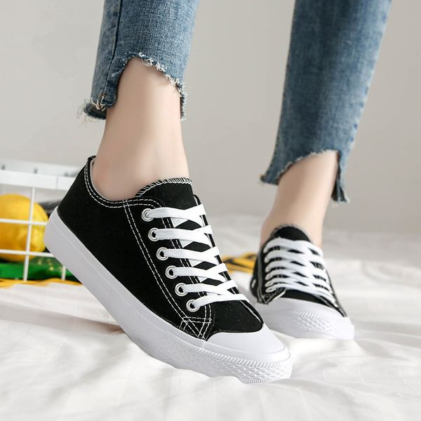 

lace-up flat with casual shoe woman sneaker 2020 fashion lighted solid canvas sneakers women shoes, Black;red