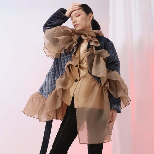 

patchwork ruffle cotton coat female long sleeve lace up asymmetrical argyle women's winter jacket fashion 20191, Black