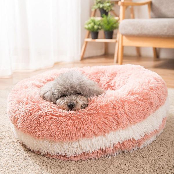 

cat beds & furniture cake donut bed, modern soft faux fur dog for medium small dogs - self warming indoor round pillow cuddler pink white