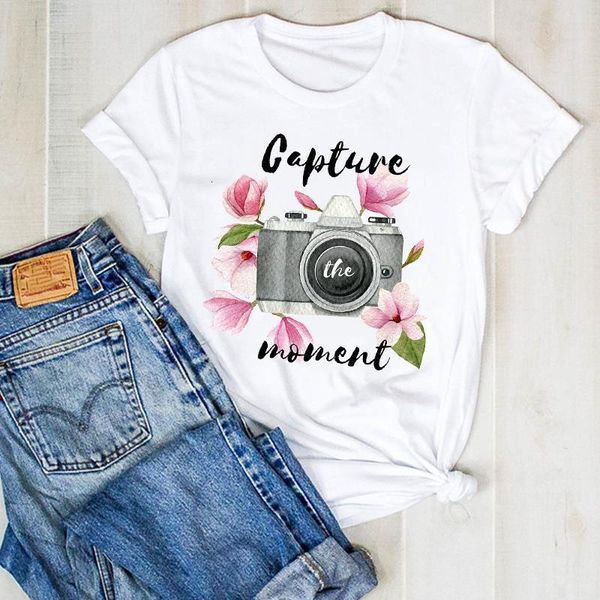 

women lady vintage camera cartoon floral print ladies summer t tee tshirt womens female shirt clothes graphic t-shirt, White