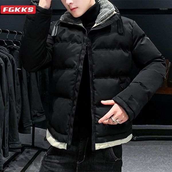 

fgkks new waterproof winter jacket men hoodied parka men warm winter coat thicken zipper solid color mens jackets1, Black