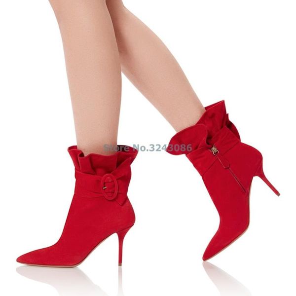 

boots ruffles suede ankle red black white pointed toe thin high heel short zipper buckle strap women