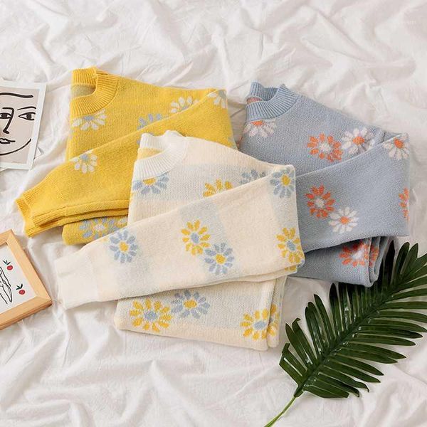 

autumn sweater for women kintting long sleeve sweater flower o neck pullover vintage korean vintage harajuku1, White;black