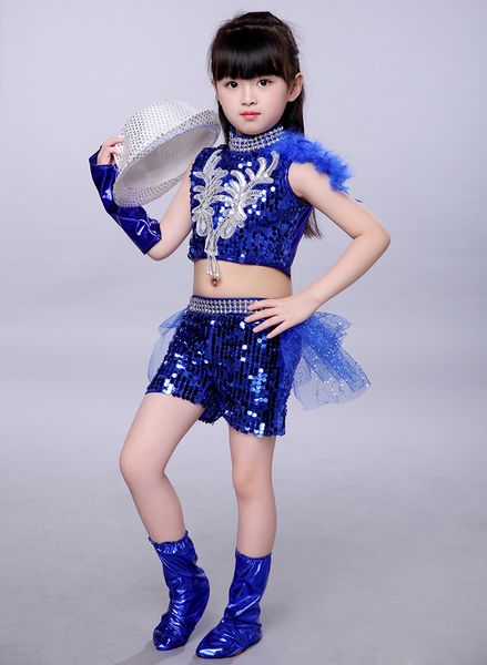 

girl jazz sequin kids jazz dance costumes hip-hop performance clothes fashion blue girl stage costume suit for children, Black;red