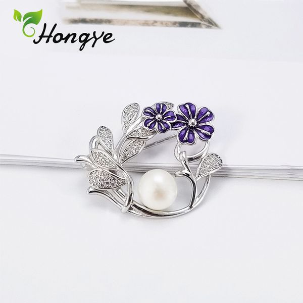 

hongye 925 sterling silver brooch pin girls purple flower coat accessories zircon decorative pins natural pearl women's brooch 201009, Gray