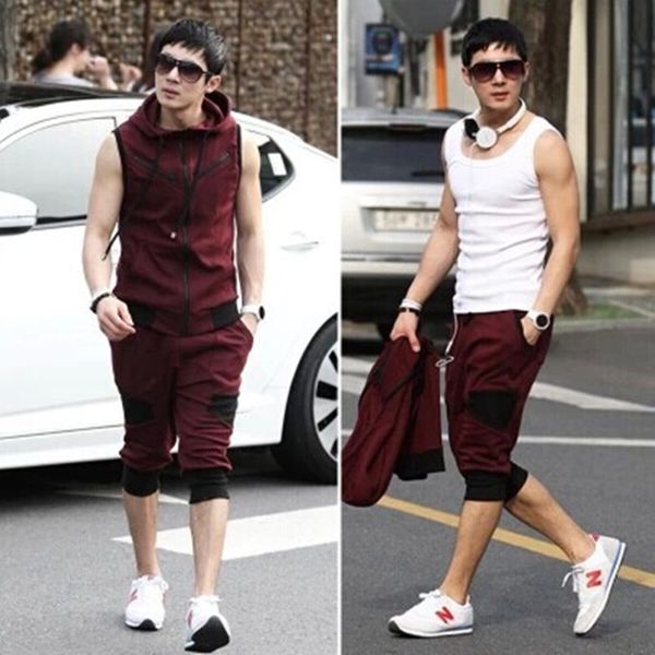 

jwm3h summer suit capri men's sportswear sportswear hoodiefashionable color matching sweater sleeveless pants hoodie suit hoodie cardig, Black
