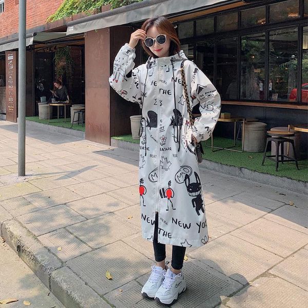 

graffiti trendy streetwear trench coat women's mid-length 2020 spring new loose chic harajuku korean windbreaker printed r2671, Tan;black