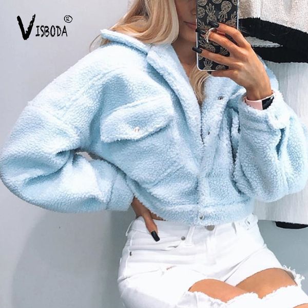 

women fleece white cropped jacket coat fashion autumn winter warm loose pockets pullover female blue velvet outwear femme t200111, Black;brown